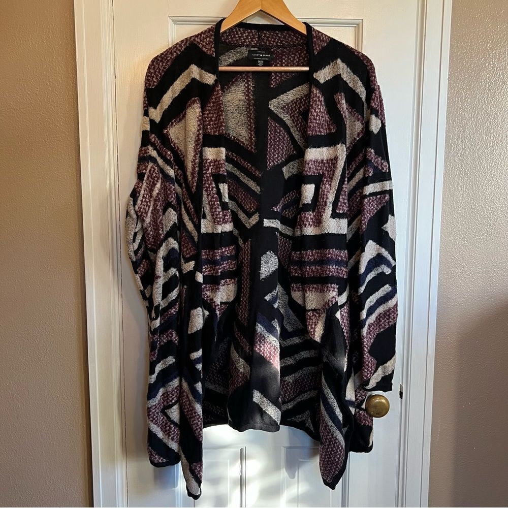 Lucky Brand Black and Pink Cardigan with Geometric Pattern